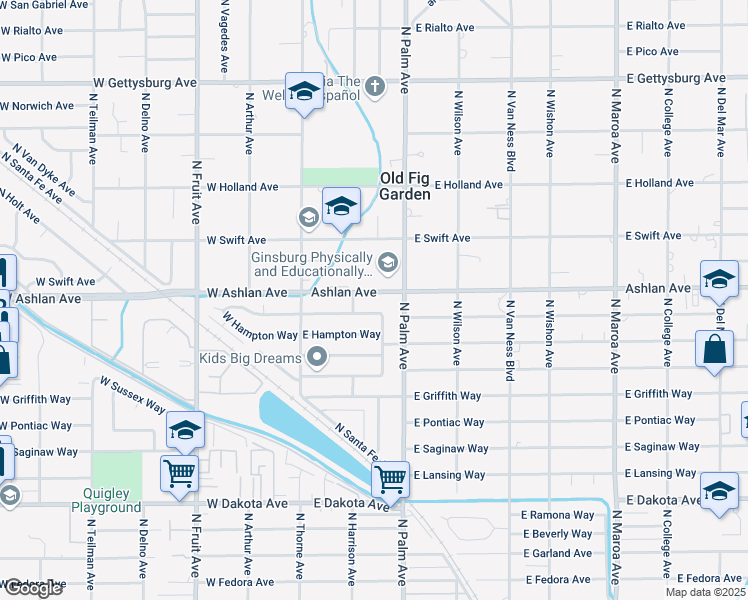 map of restaurants, bars, coffee shops, grocery stores, and more near 153 East Buckingham Way in Fresno