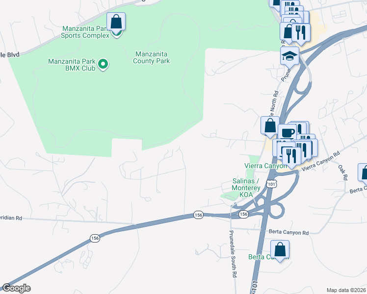 map of restaurants, bars, coffee shops, grocery stores, and more near 17169 McGuffie Road in Salinas