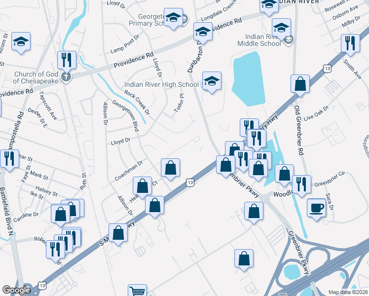 map of restaurants, bars, coffee shops, grocery stores, and more near 55 King George Quay in Chesapeake