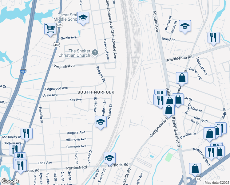 map of restaurants, bars, coffee shops, grocery stores, and more near 2900 Southport Avenue in Chesapeake