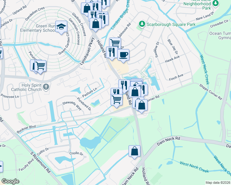 map of restaurants, bars, coffee shops, grocery stores, and more near 3429 Five Gait Trail in Virginia Beach