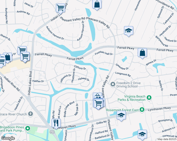 map of restaurants, bars, coffee shops, grocery stores, and more near 5008 Cliffony Drive in Virginia Beach