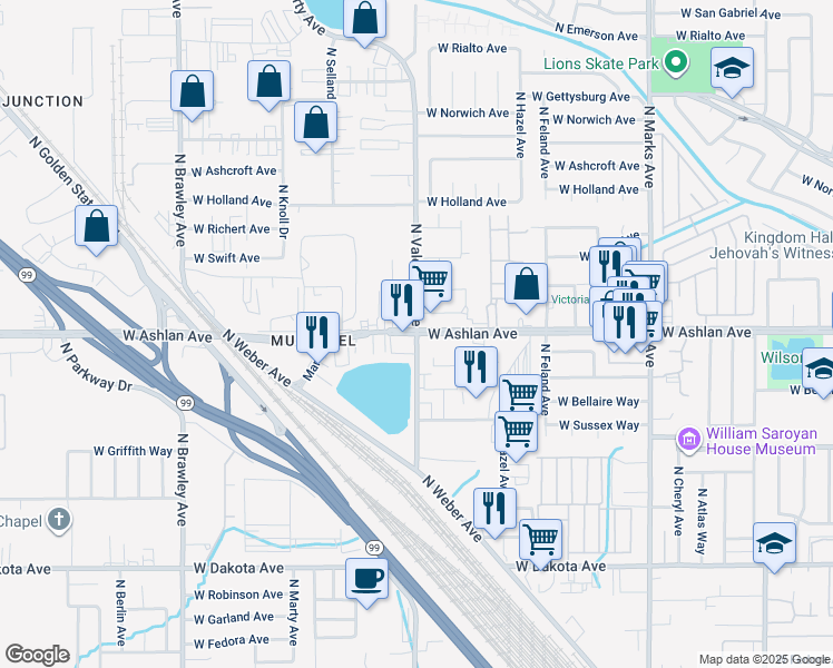 map of restaurants, bars, coffee shops, grocery stores, and more near West Ashlan Avenue & North Valentine Avenue in Fresno