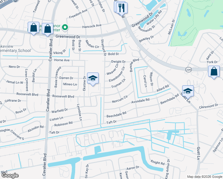 map of restaurants, bars, coffee shops, grocery stores, and more near 505 Truman Circle in Portsmouth