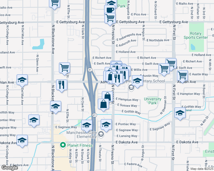 map of restaurants, bars, coffee shops, grocery stores, and more near 2412 East Ashlan Avenue in Fresno
