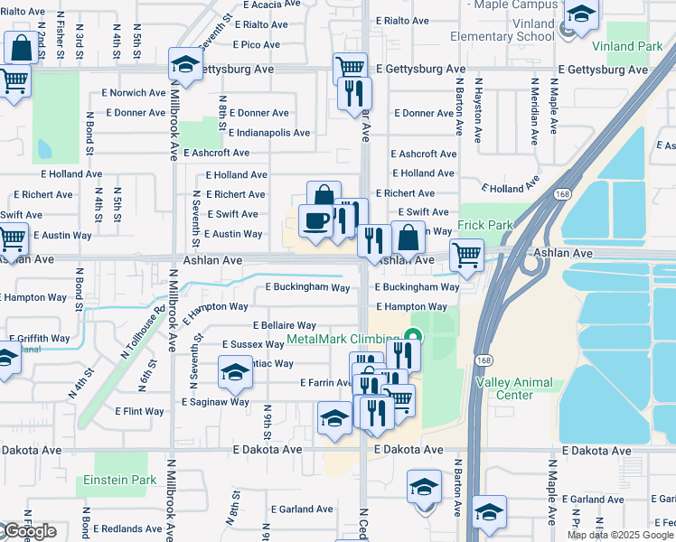 map of restaurants, bars, coffee shops, grocery stores, and more near 4140 East Ashlan Avenue in Fresno