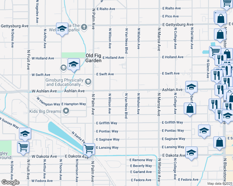 map of restaurants, bars, coffee shops, grocery stores, and more near 4175 North Van Ness Boulevard in Fresno