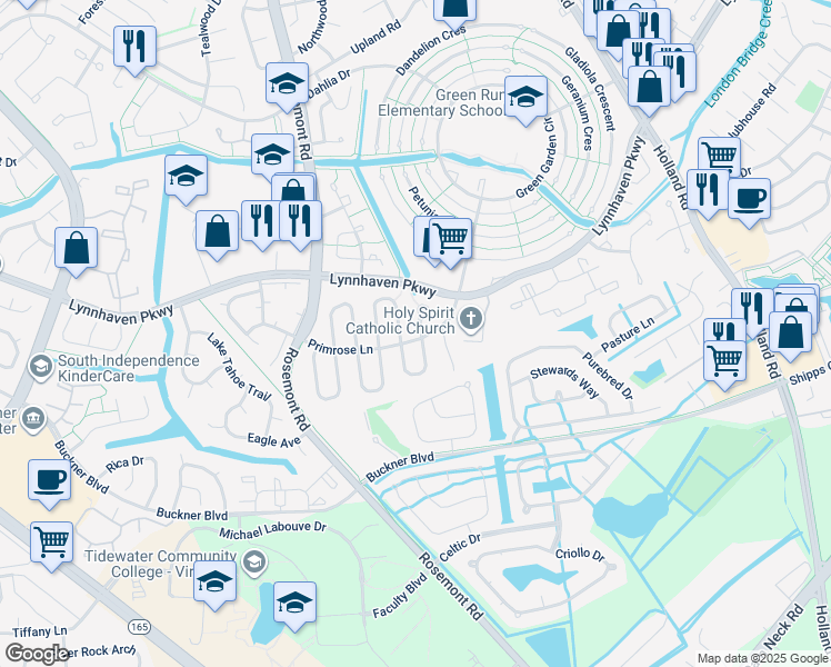 map of restaurants, bars, coffee shops, grocery stores, and more near 1400 Planting Court in Virginia Beach