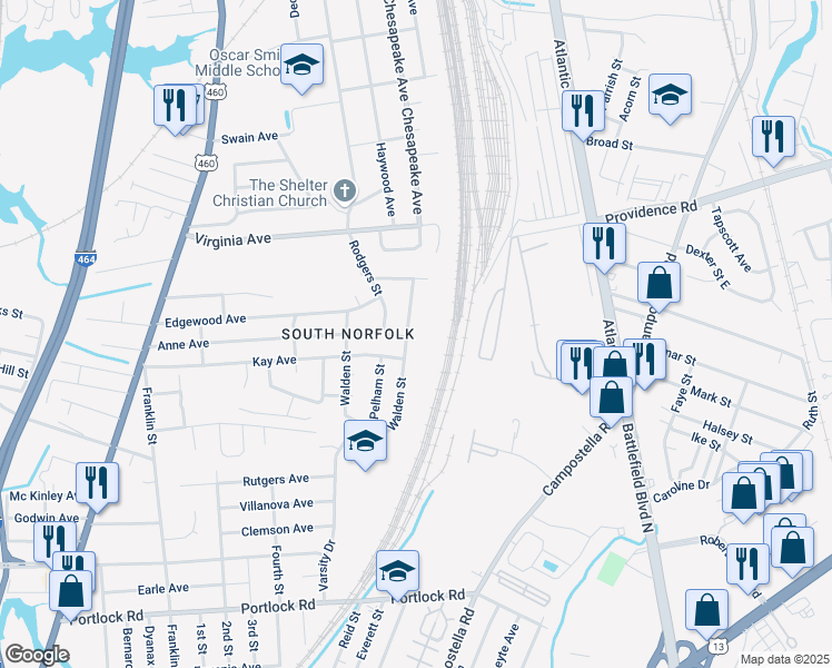 map of restaurants, bars, coffee shops, grocery stores, and more near 2900 Southport Avenue in Chesapeake
