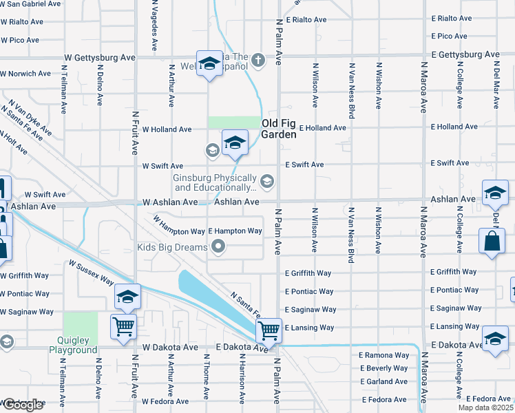 map of restaurants, bars, coffee shops, grocery stores, and more near 153 East Buckingham Way in Fresno