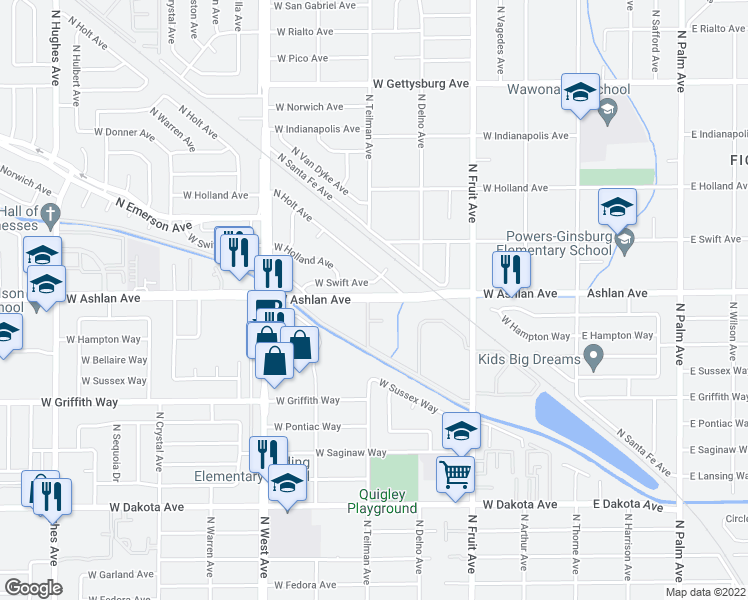 map of restaurants, bars, coffee shops, grocery stores, and more near 865 West Ashlan Avenue in Fresno