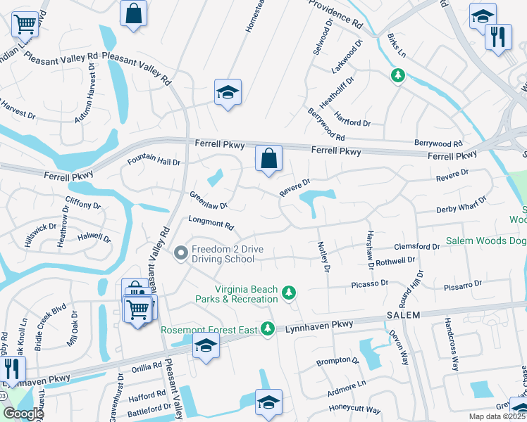 map of restaurants, bars, coffee shops, grocery stores, and more near 1521 Colbeck Court in Virginia Beach