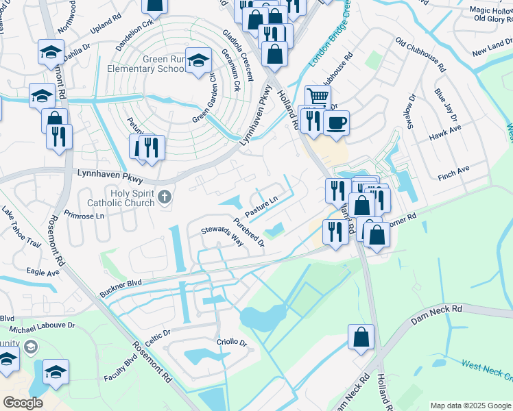map of restaurants, bars, coffee shops, grocery stores, and more near 3489 Stirrup Way in Virginia Beach