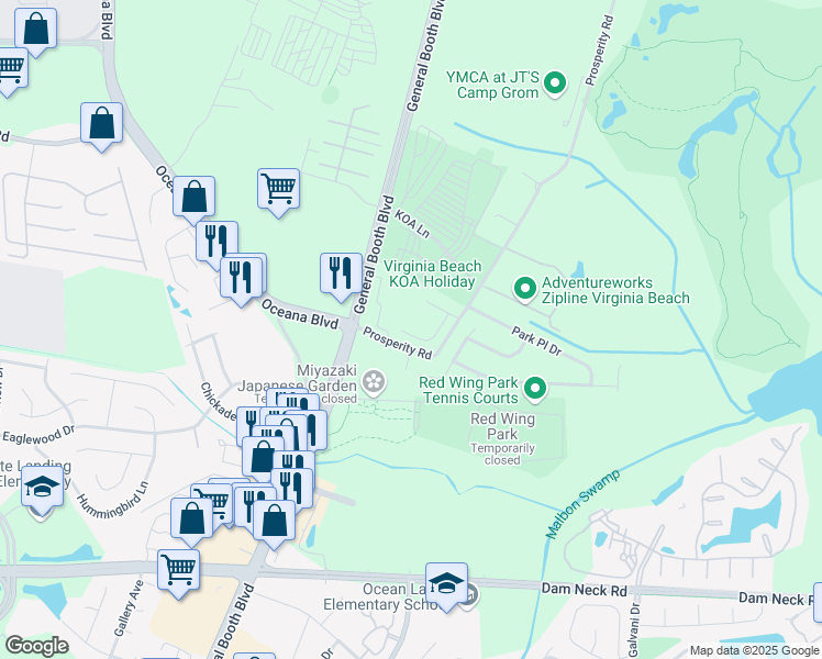 map of restaurants, bars, coffee shops, grocery stores, and more near 1345 Narrow Way in Virginia Beach