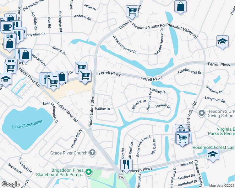 map of restaurants, bars, coffee shops, grocery stores, and more near 1401 Calgary Court in Virginia Beach