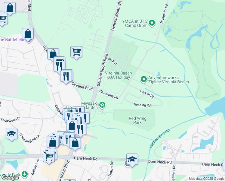 map of restaurants, bars, coffee shops, grocery stores, and more near 1345 Narrow Way in Virginia Beach