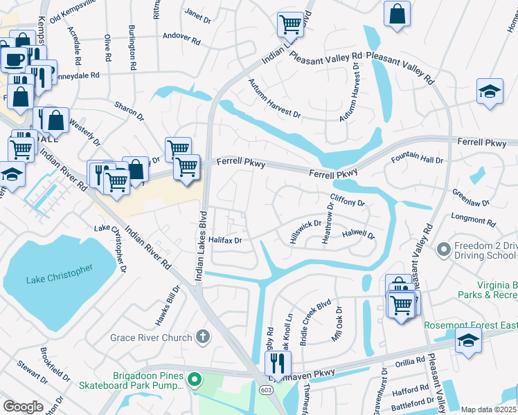map of restaurants, bars, coffee shops, grocery stores, and more near 1401 Calgary Court in Virginia Beach