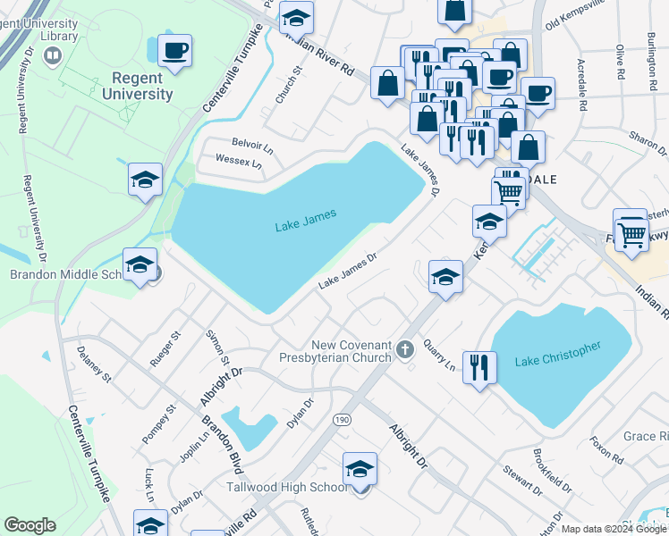 map of restaurants, bars, coffee shops, grocery stores, and more near 1441 Lake James Drive in Virginia Beach