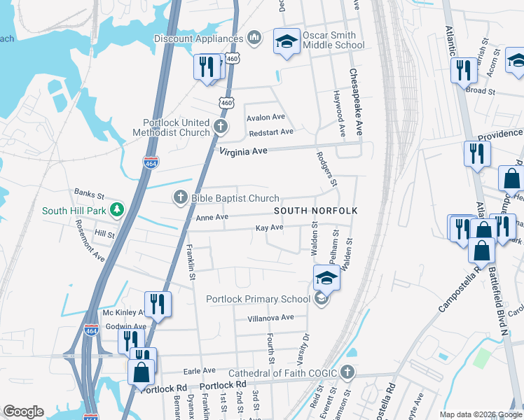 map of restaurants, bars, coffee shops, grocery stores, and more near 1215 Anne Avenue in Chesapeake