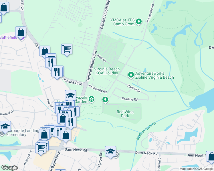 map of restaurants, bars, coffee shops, grocery stores, and more near 1317 Electric Court in Virginia Beach
