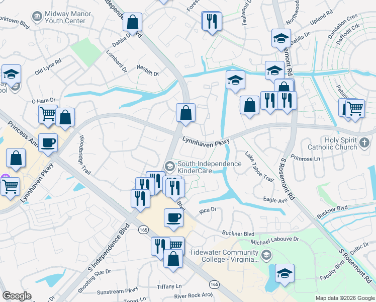 map of restaurants, bars, coffee shops, grocery stores, and more near 1555 Fairfax Drive in Virginia Beach