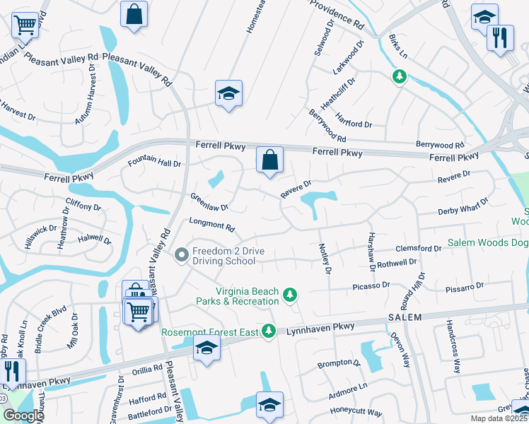map of restaurants, bars, coffee shops, grocery stores, and more near 1521 Colbeck Court in Virginia Beach