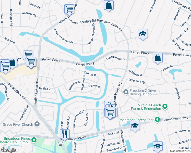 map of restaurants, bars, coffee shops, grocery stores, and more near 5008 Cliffony Drive in Virginia Beach