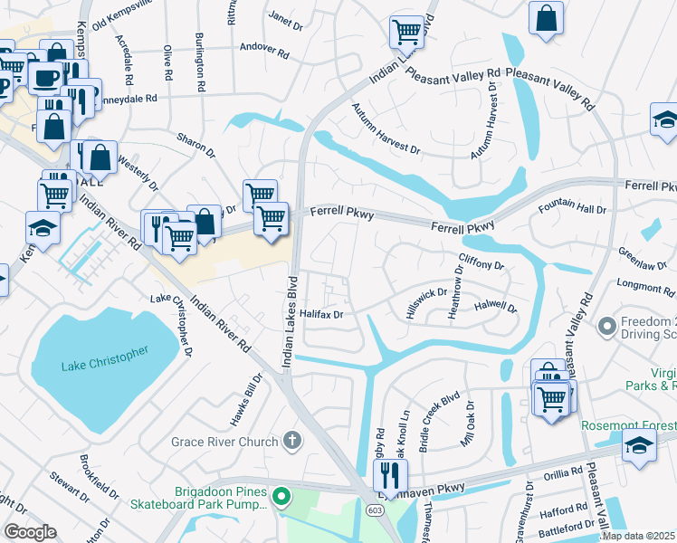 map of restaurants, bars, coffee shops, grocery stores, and more near 5256 Breezewood Arch in Virginia Beach