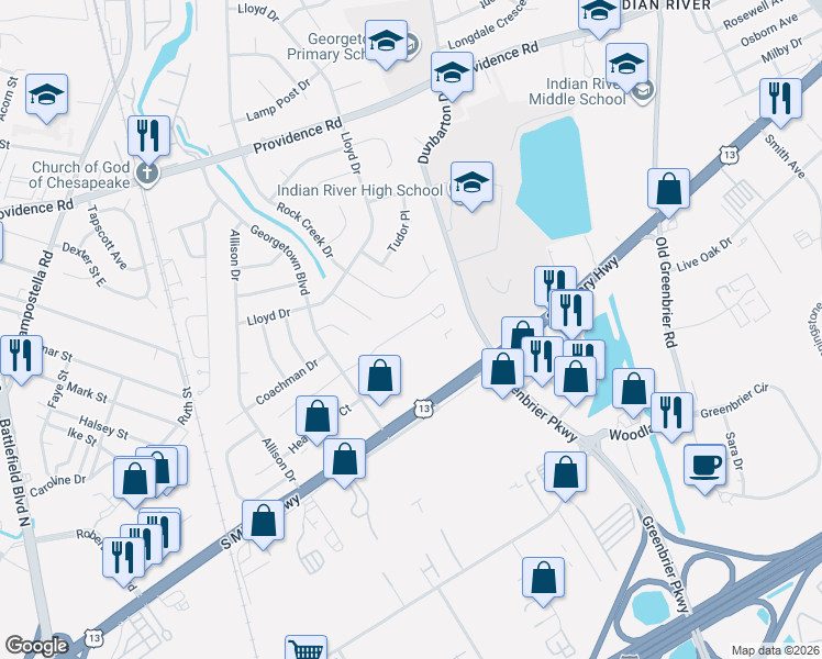 map of restaurants, bars, coffee shops, grocery stores, and more near 55 King George Quay in Chesapeake