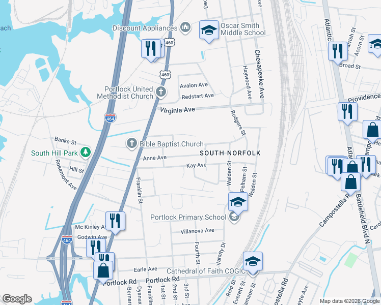 map of restaurants, bars, coffee shops, grocery stores, and more near 1215 Anne Avenue in Chesapeake