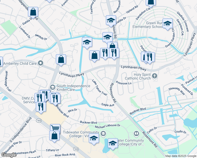 map of restaurants, bars, coffee shops, grocery stores, and more near 3682 Sylvan Lane in Virginia Beach