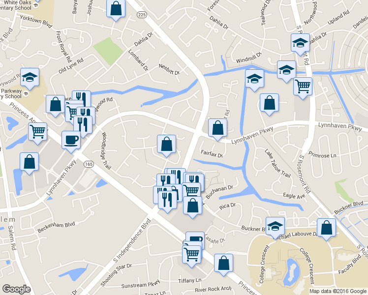 map of restaurants, bars, coffee shops, grocery stores, and more near 1505 Fieldstone Place in Virginia Beach