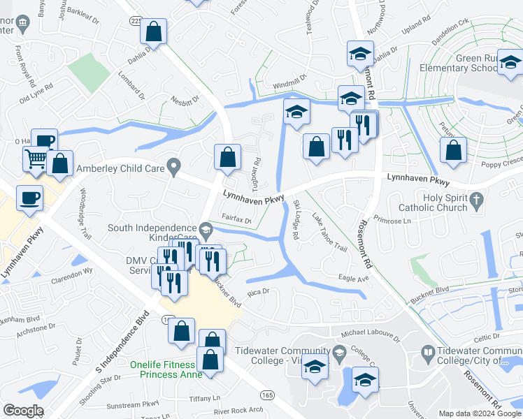 map of restaurants, bars, coffee shops, grocery stores, and more near 1508 Fairfax Drive in Virginia Beach