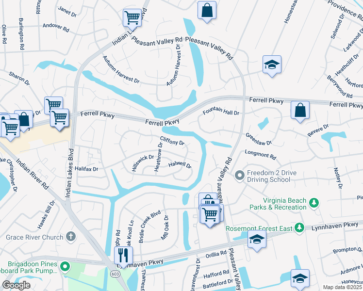 map of restaurants, bars, coffee shops, grocery stores, and more near 5008 Cliffony Drive in Virginia Beach