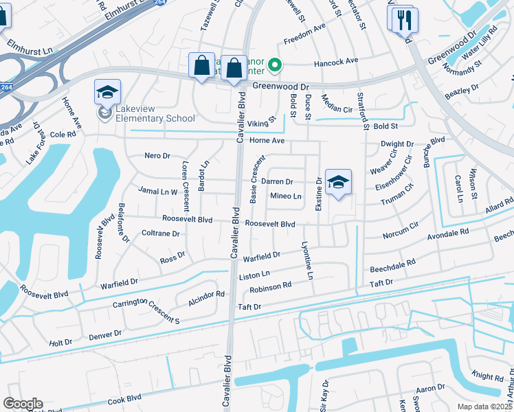 map of restaurants, bars, coffee shops, grocery stores, and more near 1512 Dandridge Drive in Portsmouth