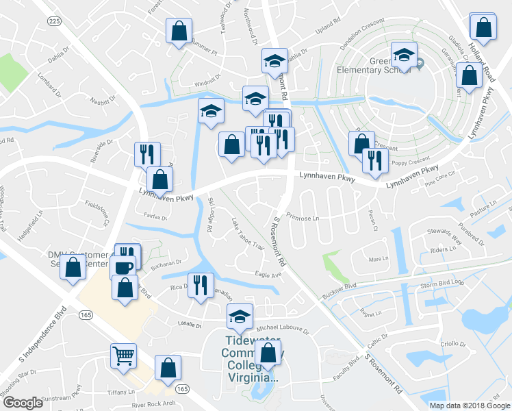 map of restaurants, bars, coffee shops, grocery stores, and more near 3613 Harbinger Road in Virginia Beach