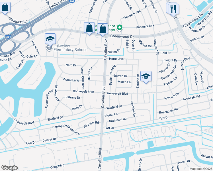 map of restaurants, bars, coffee shops, grocery stores, and more near 1512 Cavalier Boulevard in Portsmouth