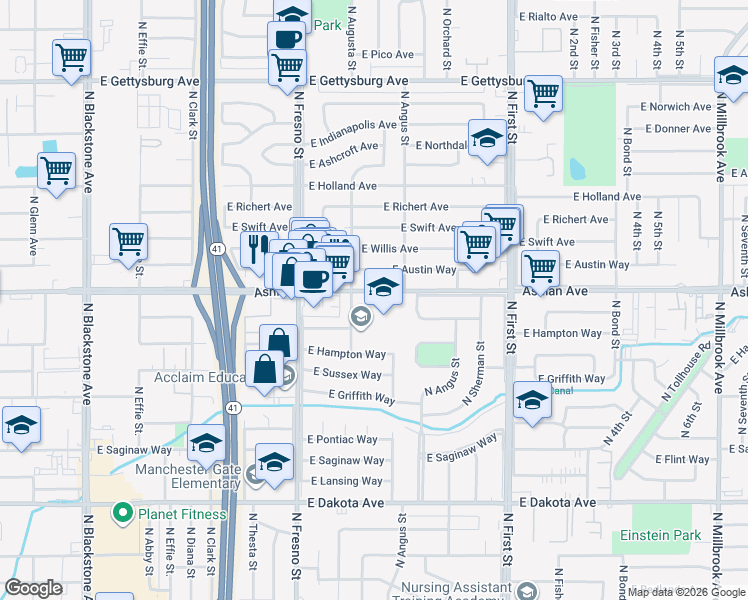 map of restaurants, bars, coffee shops, grocery stores, and more near 4140 North Augusta Street in Fresno