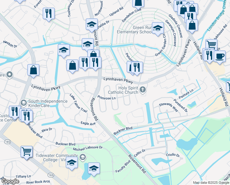 map of restaurants, bars, coffee shops, grocery stores, and more near 1457 Peartree Arch in Virginia Beach
