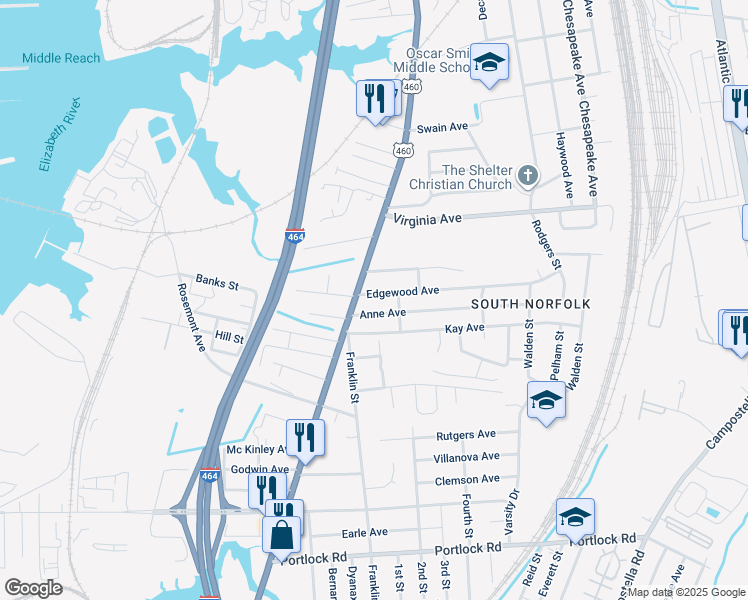 map of restaurants, bars, coffee shops, grocery stores, and more near 1102 Edgewood Avenue in Chesapeake