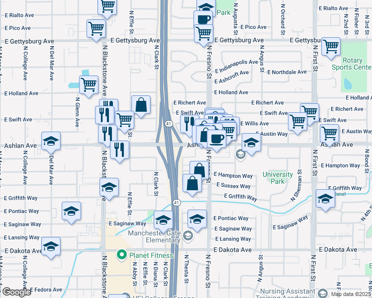 map of restaurants, bars, coffee shops, grocery stores, and more near 2324 East Ashlan Avenue in Fresno