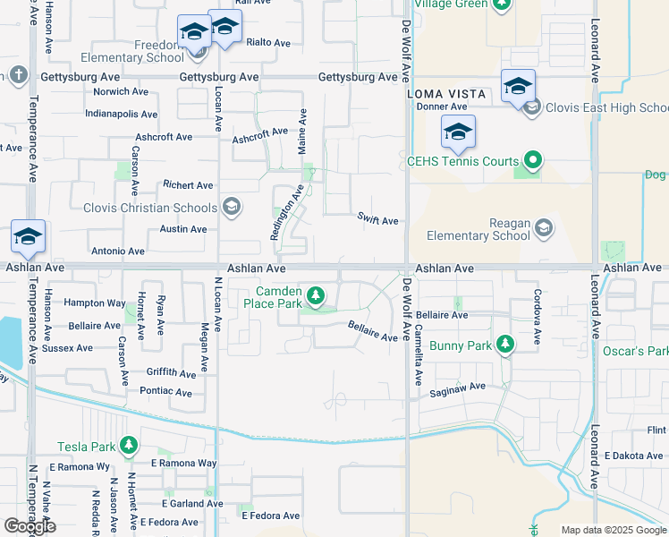 map of restaurants, bars, coffee shops, grocery stores, and more near 3307 Buckingham Avenue in Clovis
