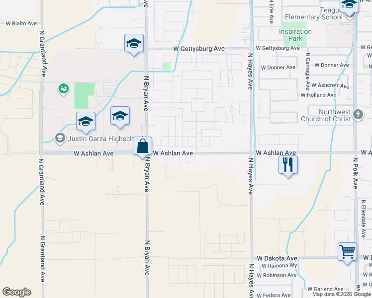 map of restaurants, bars, coffee shops, grocery stores, and more near 6319 West Ashlan Avenue in Fresno