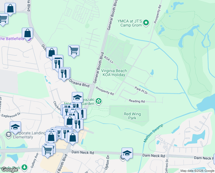 map of restaurants, bars, coffee shops, grocery stores, and more near 914 Prosperity Road in Virginia Beach