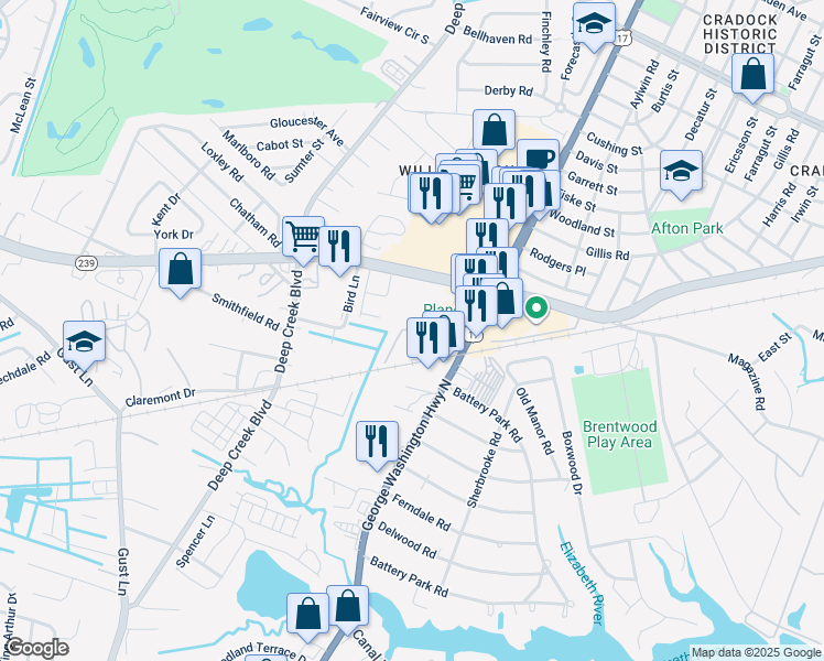map of restaurants, bars, coffee shops, grocery stores, and more near 5202 George Washington Highway in Portsmouth