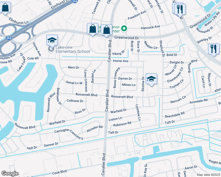 map of restaurants, bars, coffee shops, grocery stores, and more near 1512 Cavalier Boulevard in Portsmouth