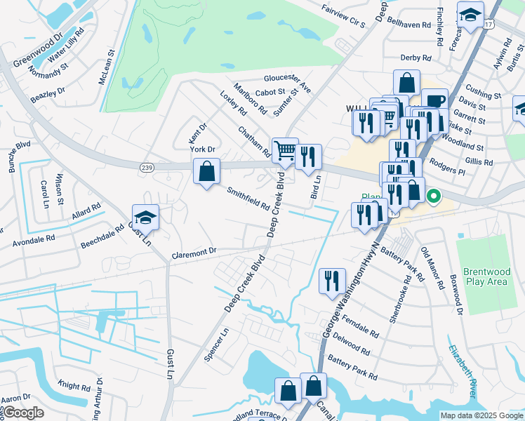 map of restaurants, bars, coffee shops, grocery stores, and more near 2509 Smithfield Road in Portsmouth