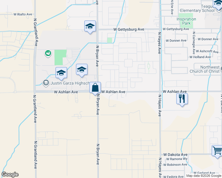 map of restaurants, bars, coffee shops, grocery stores, and more near 6413 West Austin Way in Fresno