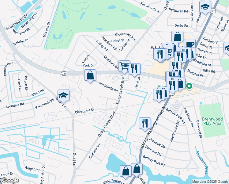 map of restaurants, bars, coffee shops, grocery stores, and more near 2509 Smithfield Road in Portsmouth