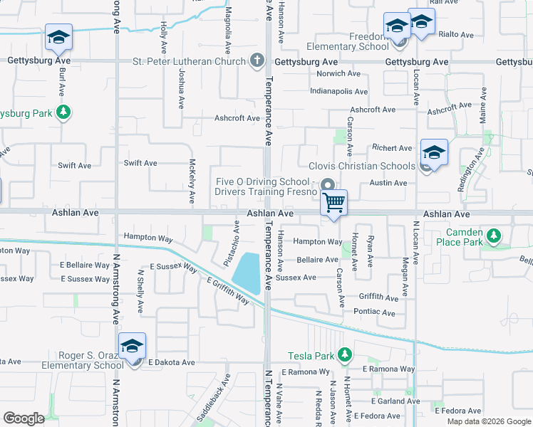 map of restaurants, bars, coffee shops, grocery stores, and more near Ashlan Ave & Temperance Ave in Clovis